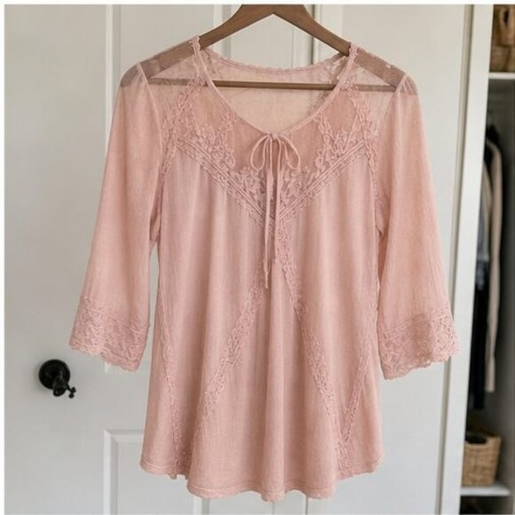 None Tops - Blush Lace Trim Top